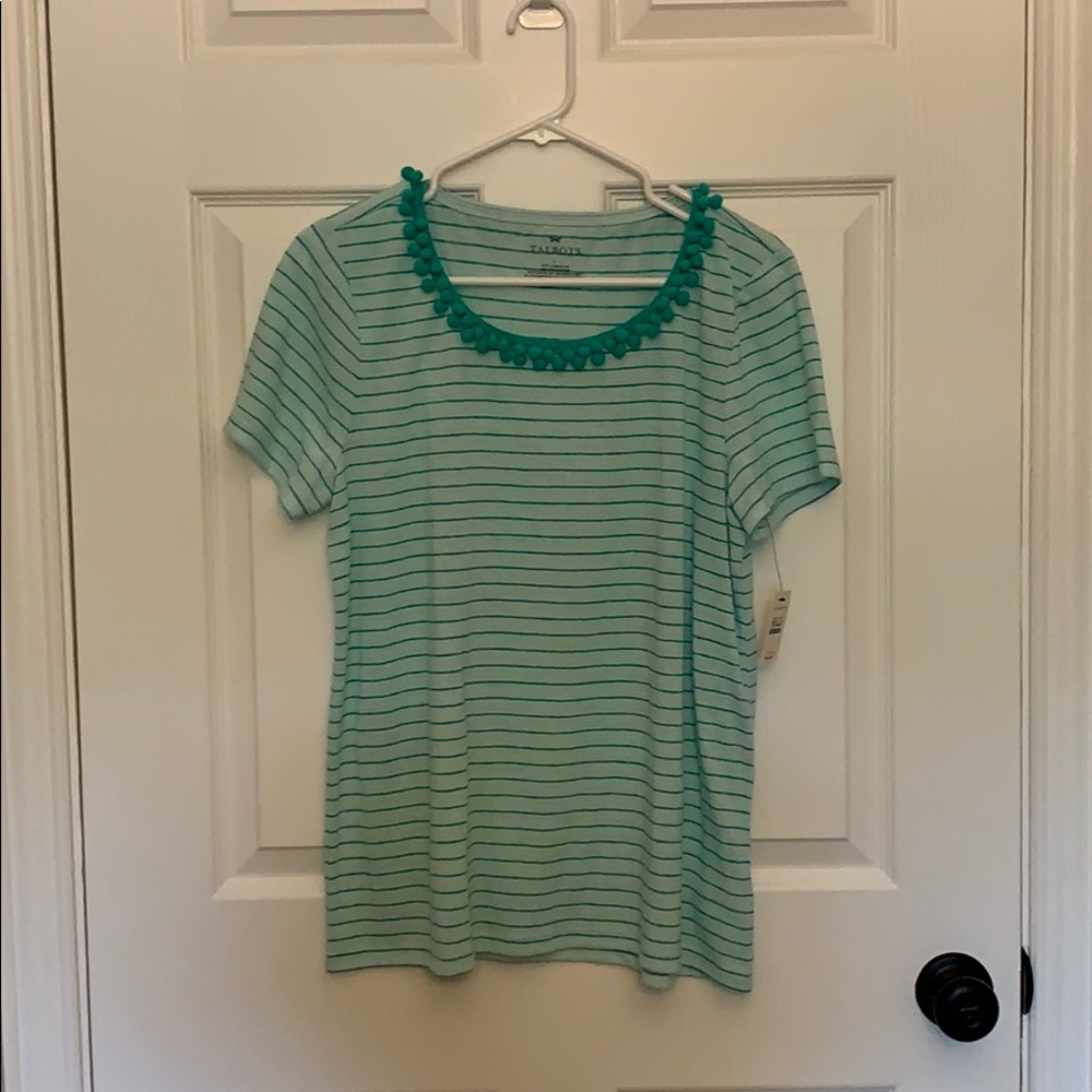 TALBOTS  linen T-shirt tee short sleeve pom pom
